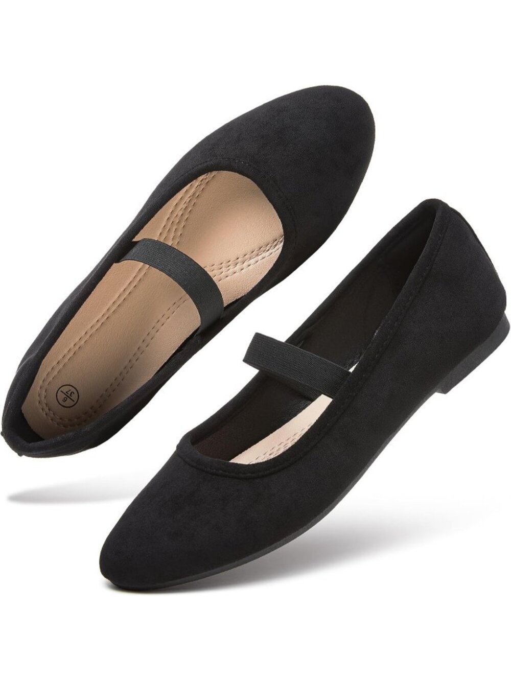 Women's Black Suede Mary Janes Flats Memory Foam Elastic Strap Dressy Shoes